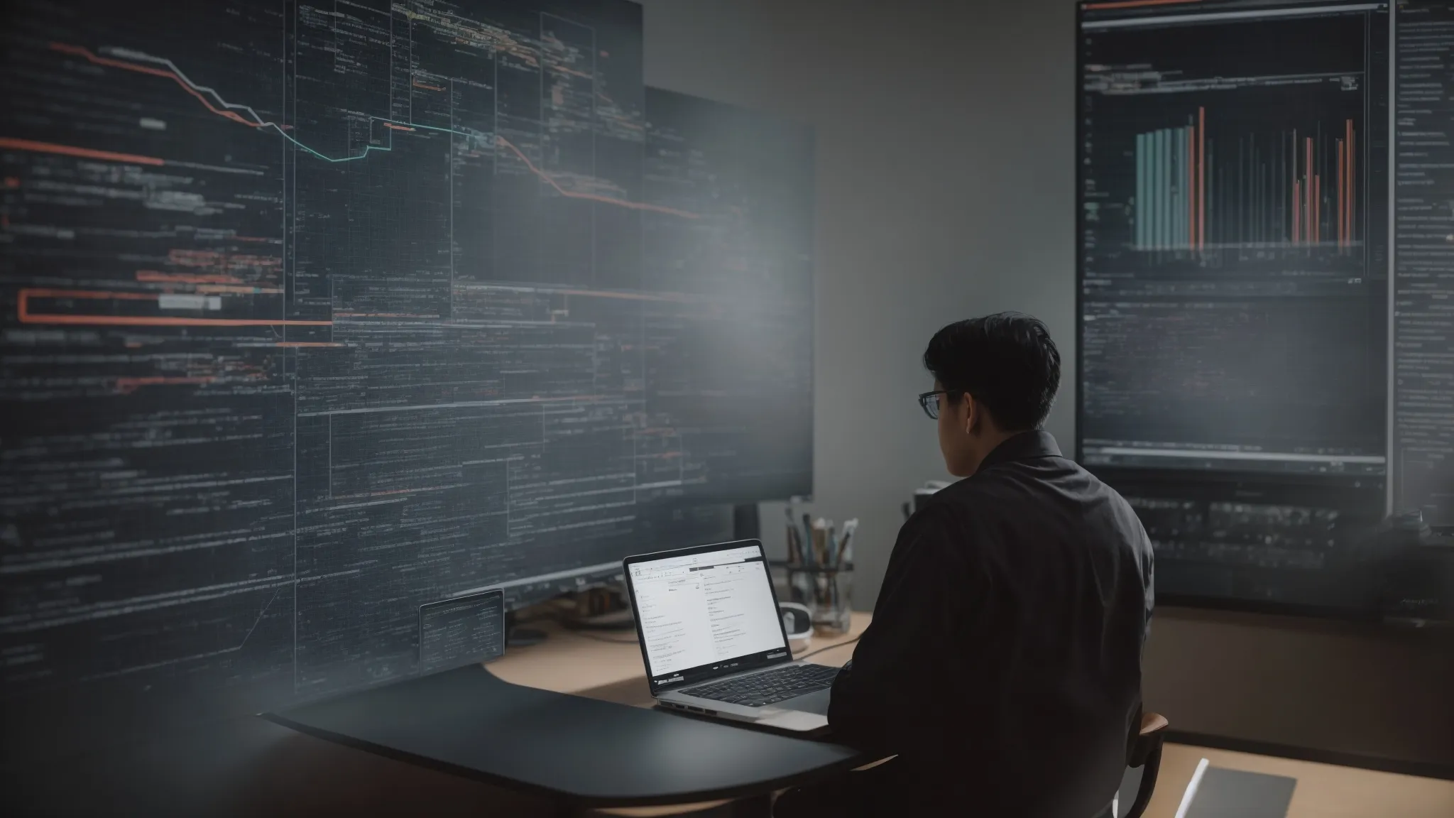 Person analyzing charts and code on large monitors while working on a laptop at a desk