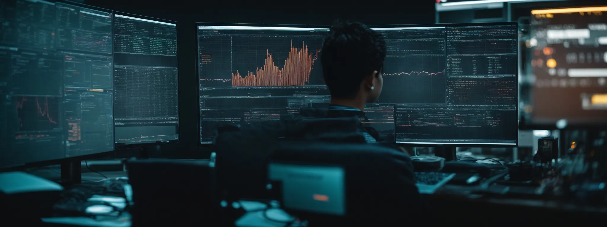 a focused individual examines complex data analytics on a computer screen, strategically optimizing website content.