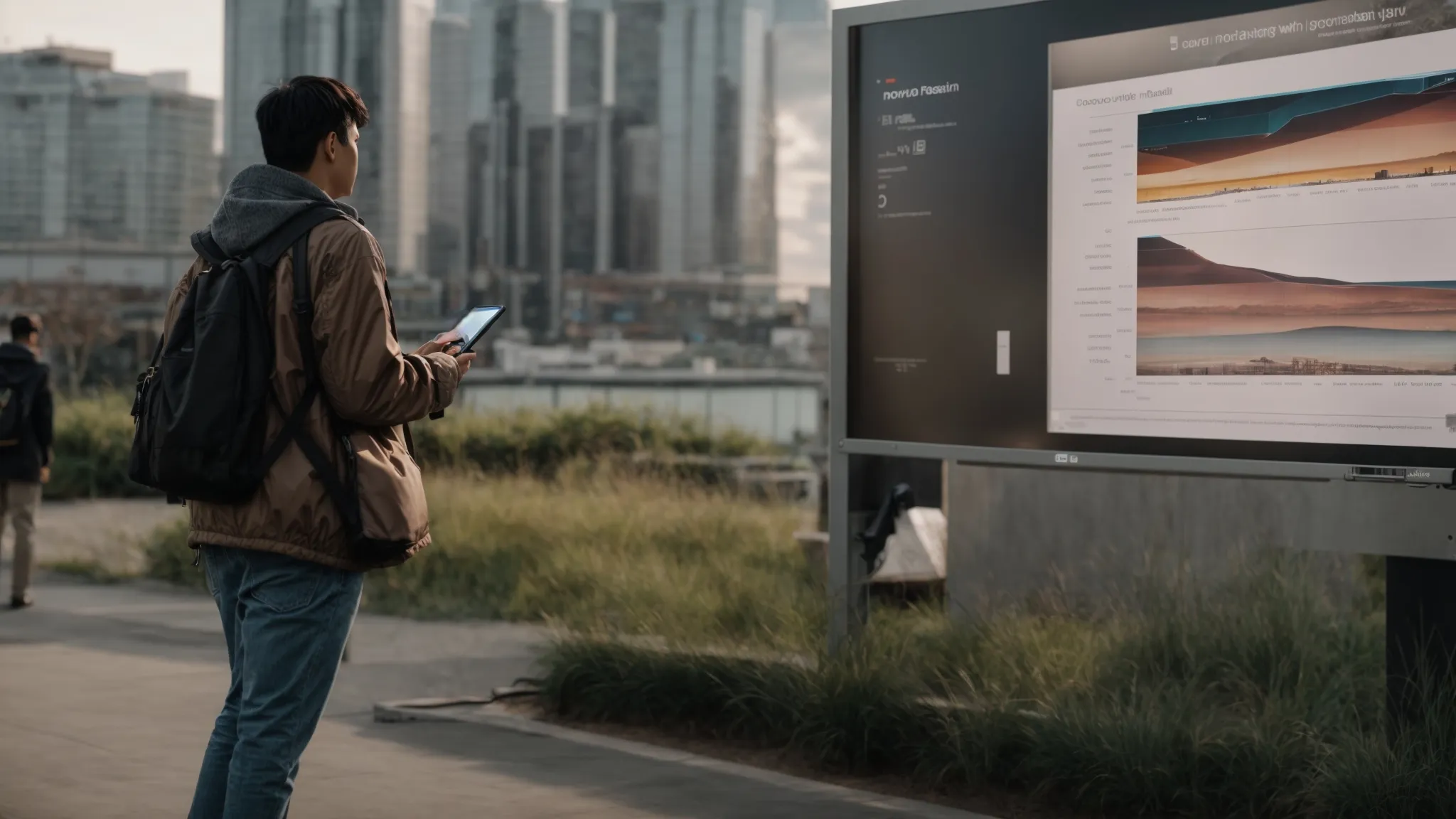 a person using a desktop computer with bar graphs on the screen stands across from another person reading a printed billboard advertisement outdoors.