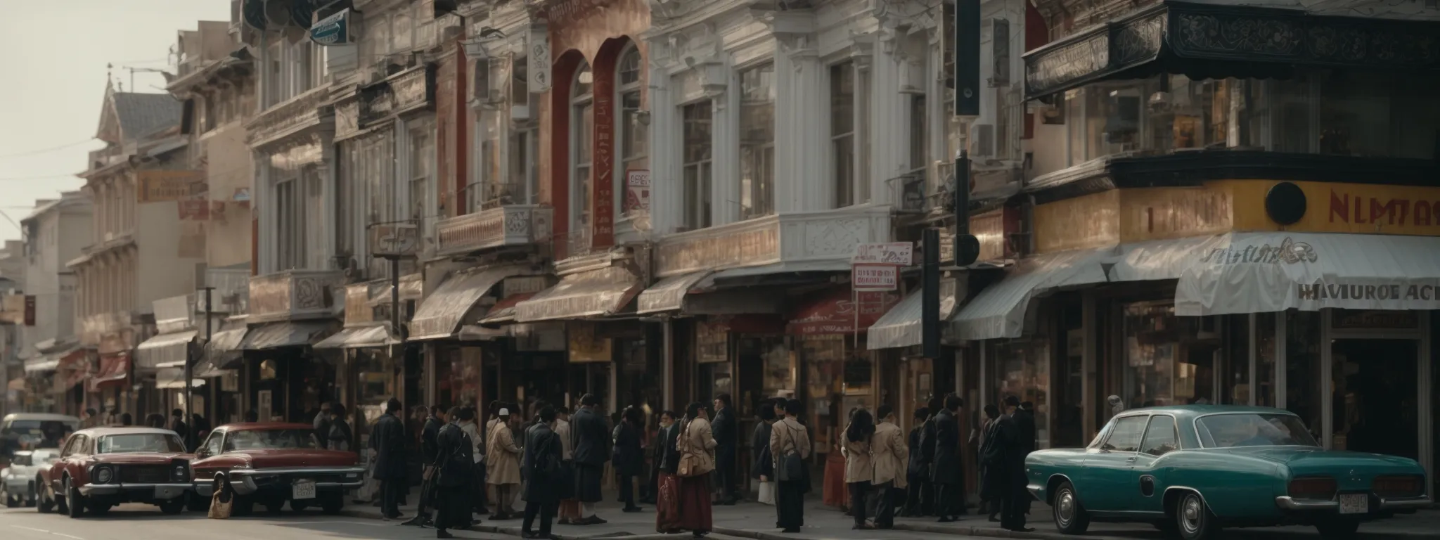 a bustling city street corner with local shops and visible store fronts.
