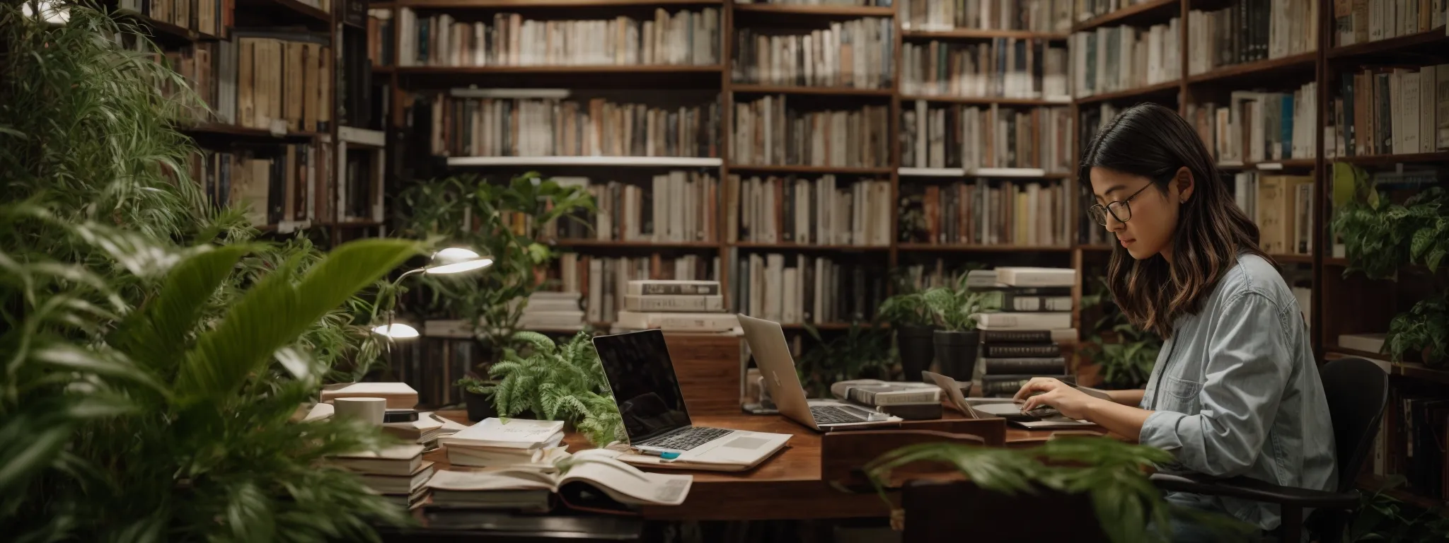 a focused individual typing on a laptop surrounded by books and plants, highlighting an engaging, organized workspace.