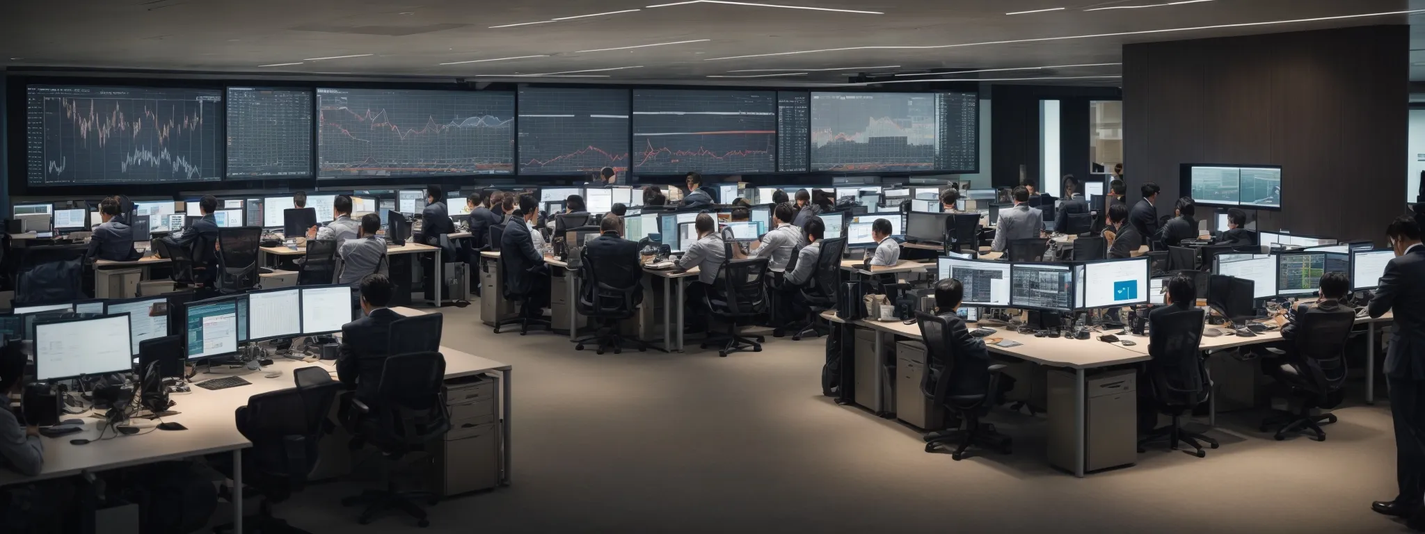 a bustling corporate office with busy marketers analyzing graphs and charts on a large digital screen.