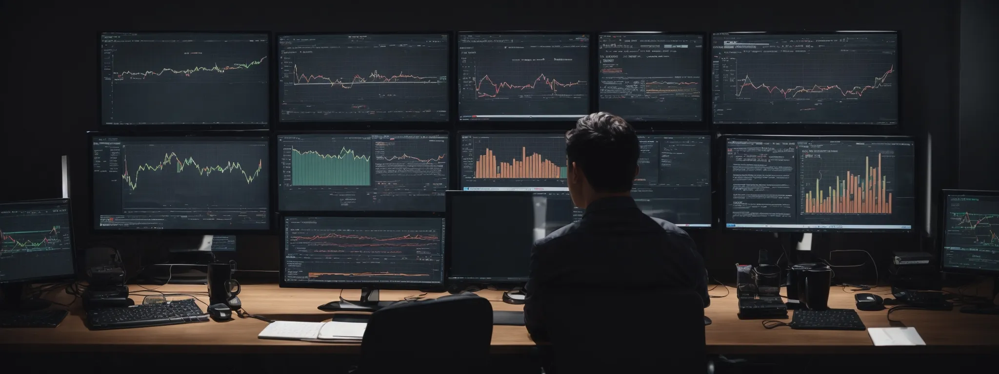 a person sitting at a desk with multiple computer screens displaying graphs and website analytics, representing the conversion optimization process for a raleigh business's web presence.