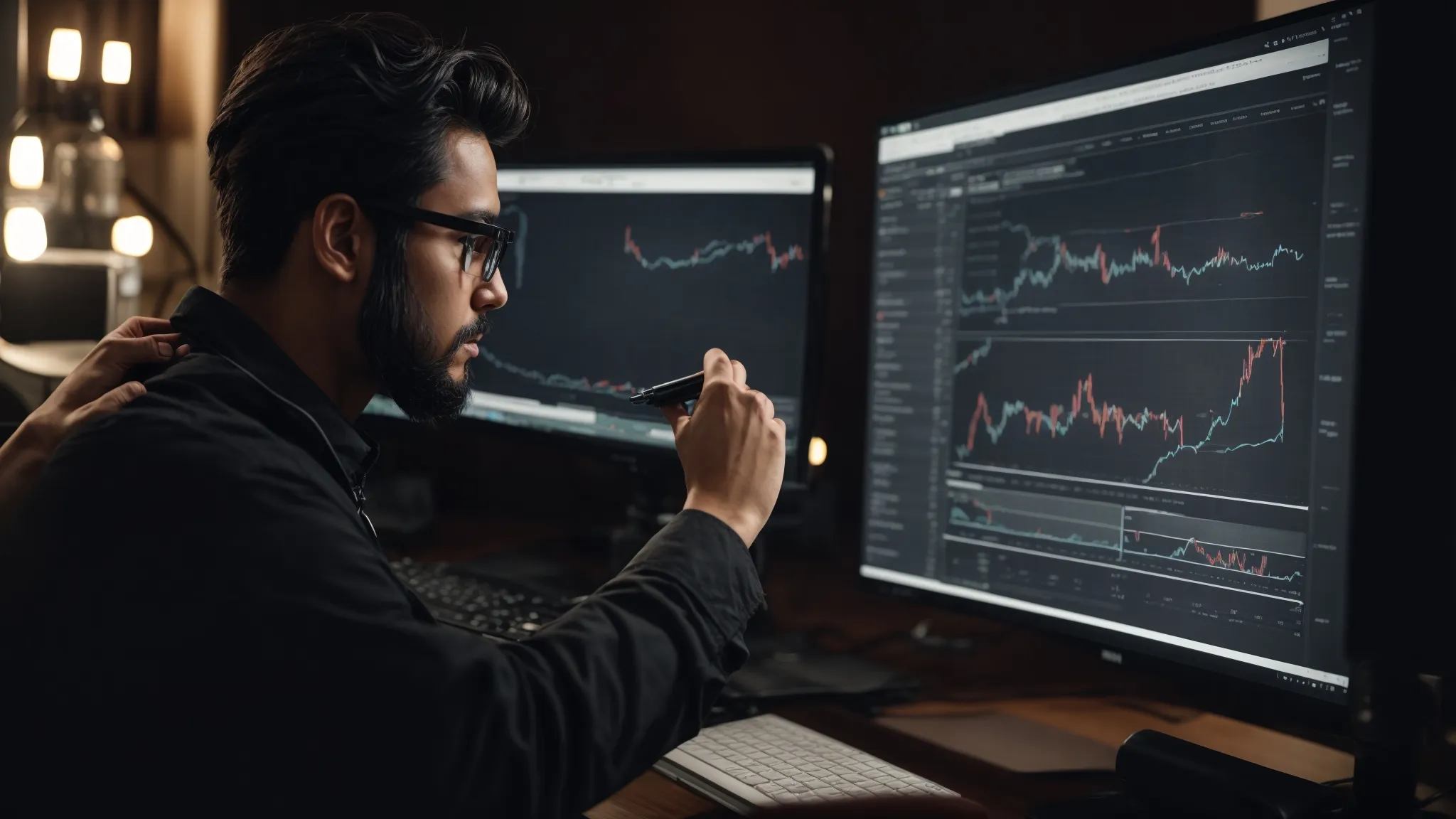 a focused individual analyzing graphs and charts on a computer screen to decipher keyword trends for seo optimization.