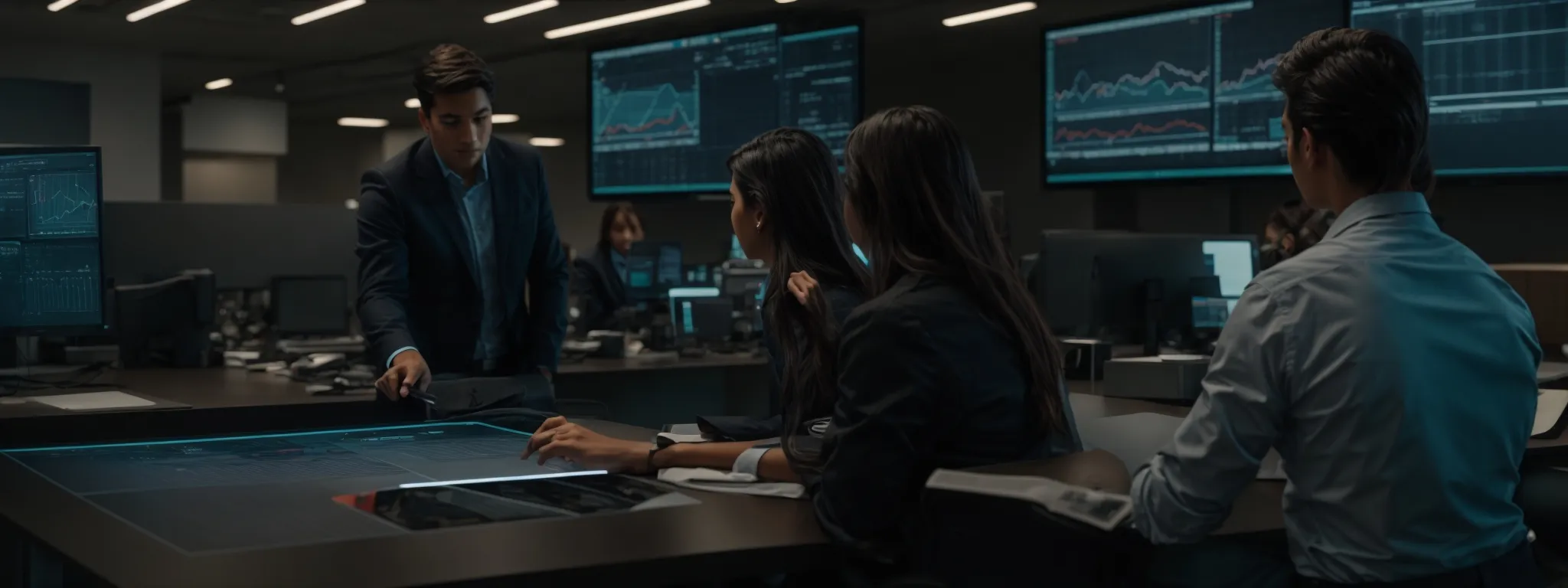 a team of professionals attentively examining interactive graphs on a large monitor in a modern office.