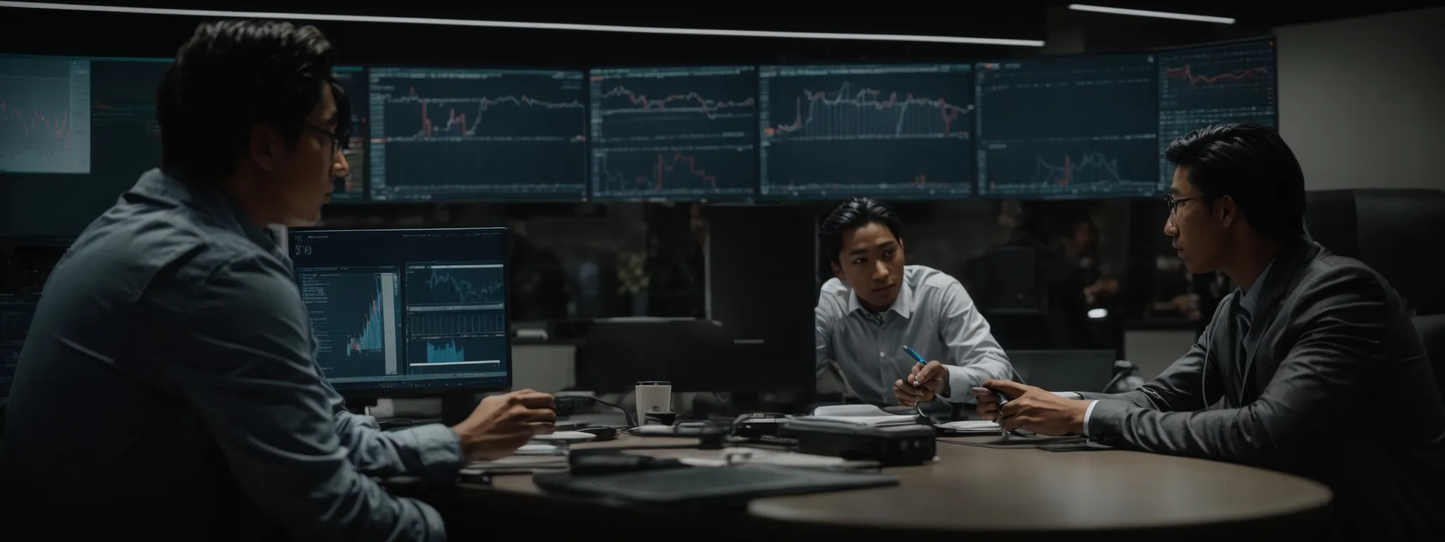 a diverse group of professionals collaboratively discussing around a table with multiple computers displaying data graphs.