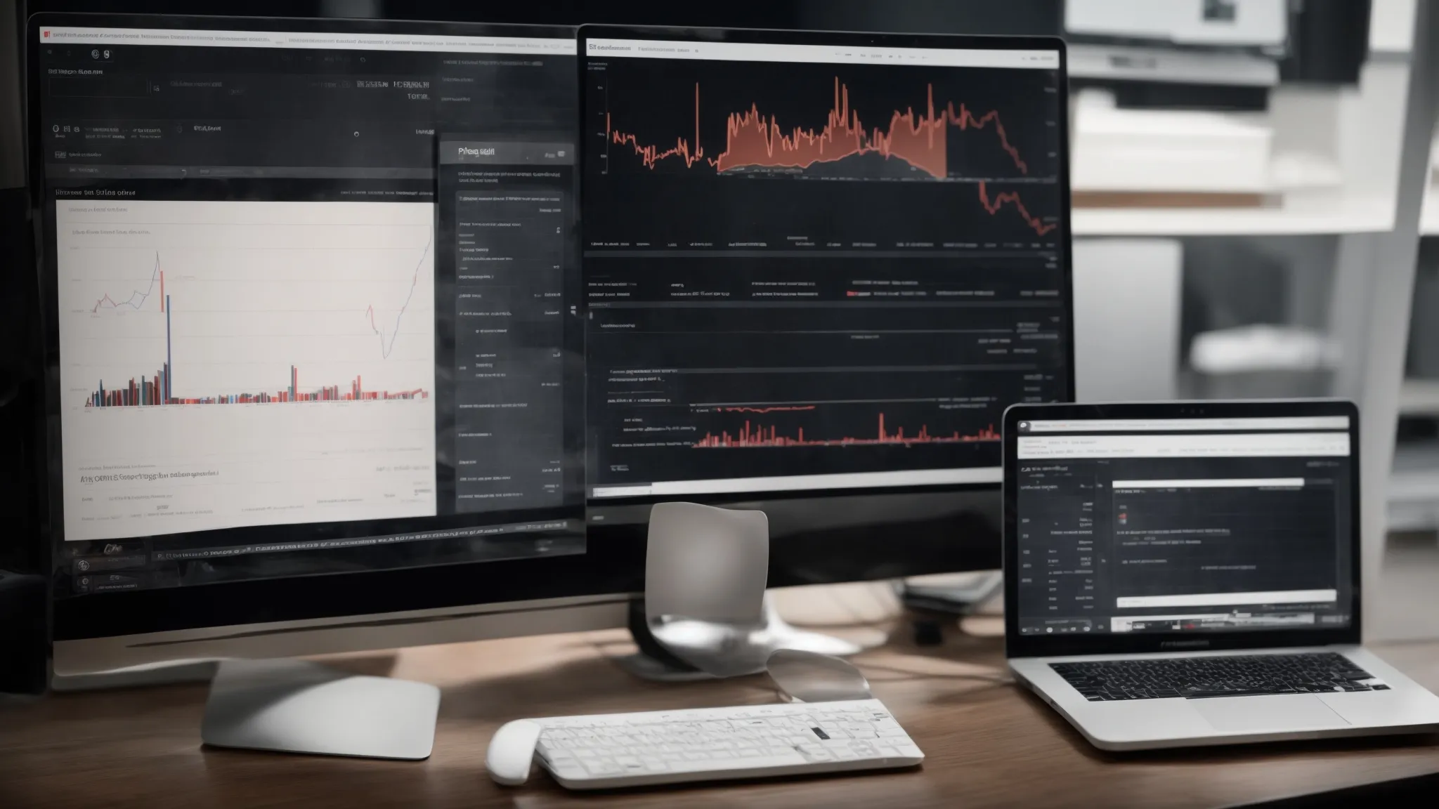 a desktop with a split screen showing analytics graphs on one side and a search engine results page on the other.