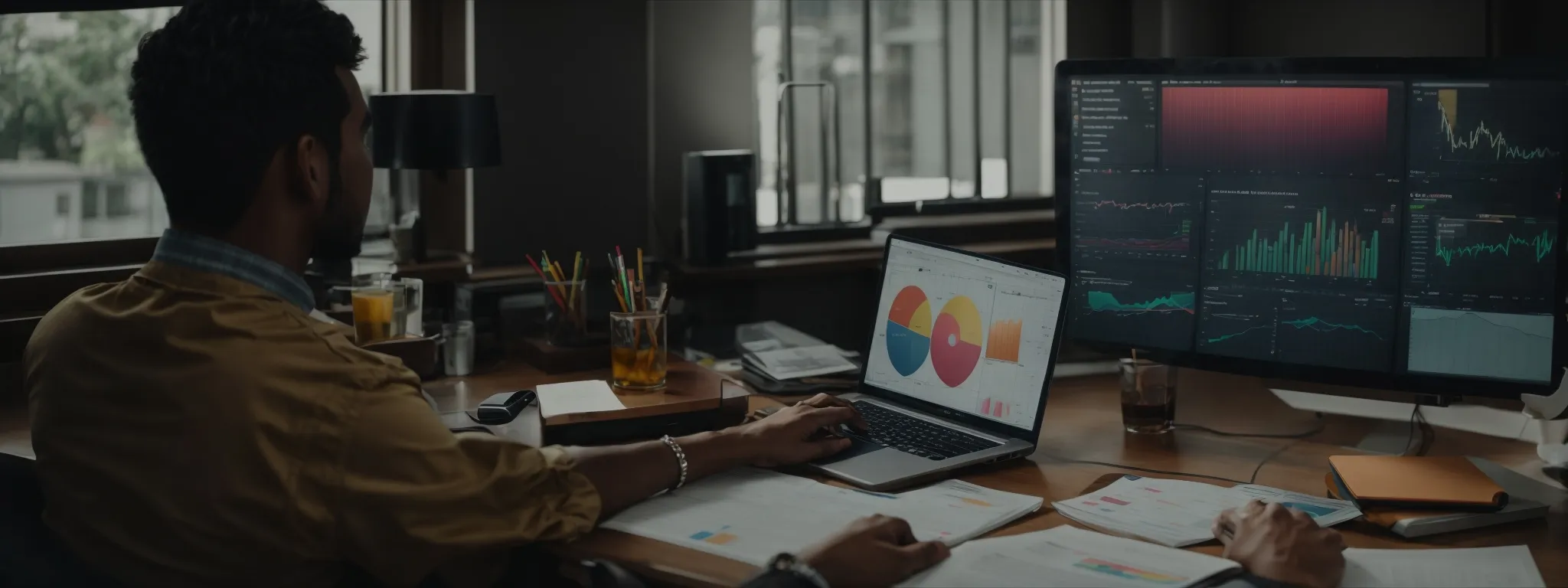 a person sitting at a desk with an open book and a laptop displaying colorful charts and graphs.