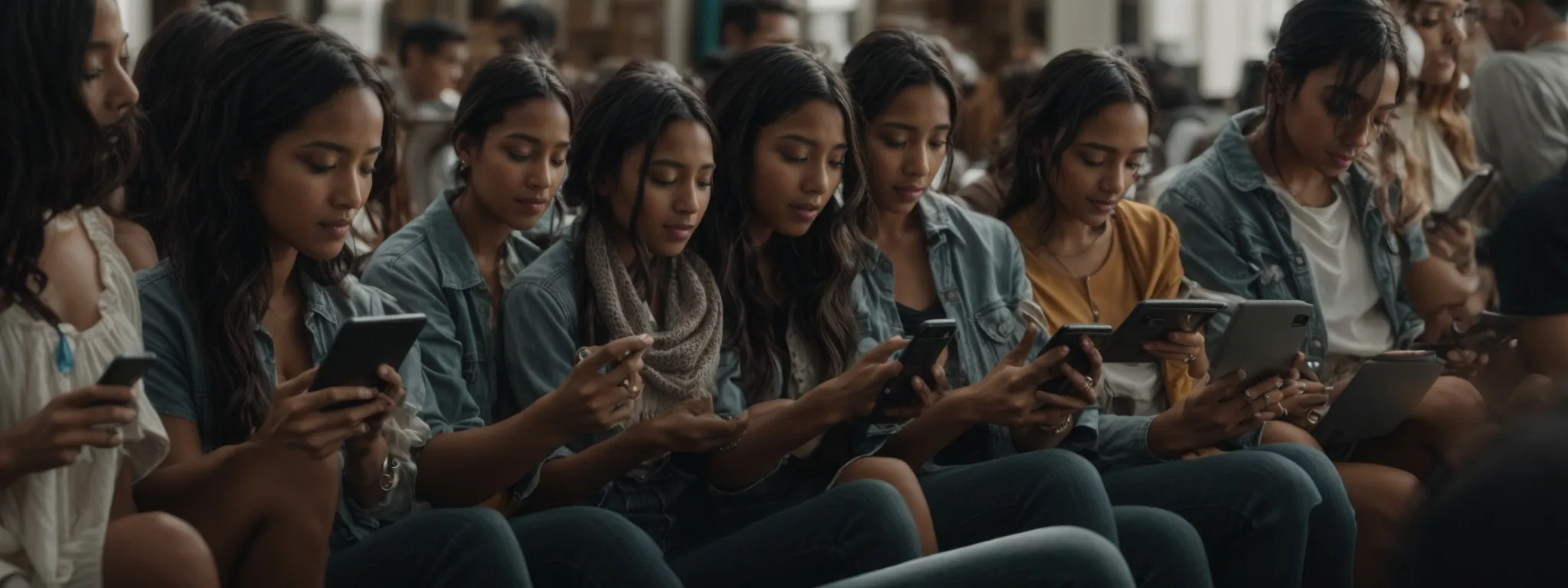 a diverse group of people engaging with smartphones and tablets, symbolizing active participation in social media.