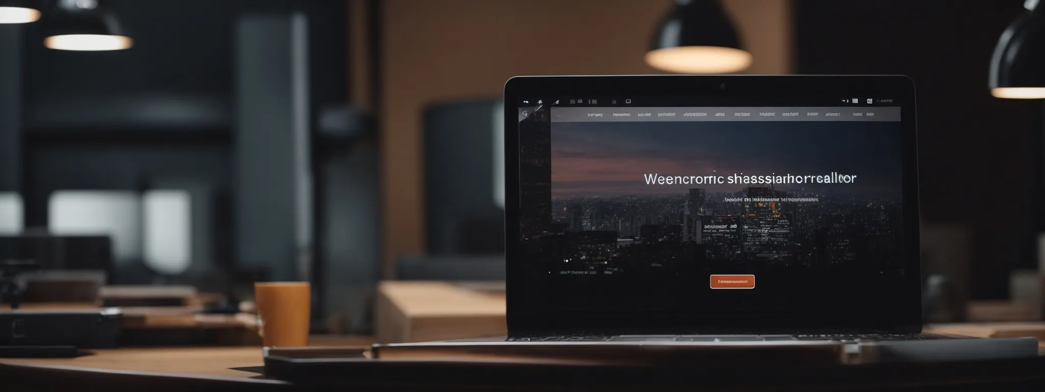 a laptop displaying a website customization interface with options for creating a personalized url, against the backdrop of a modern office environment.