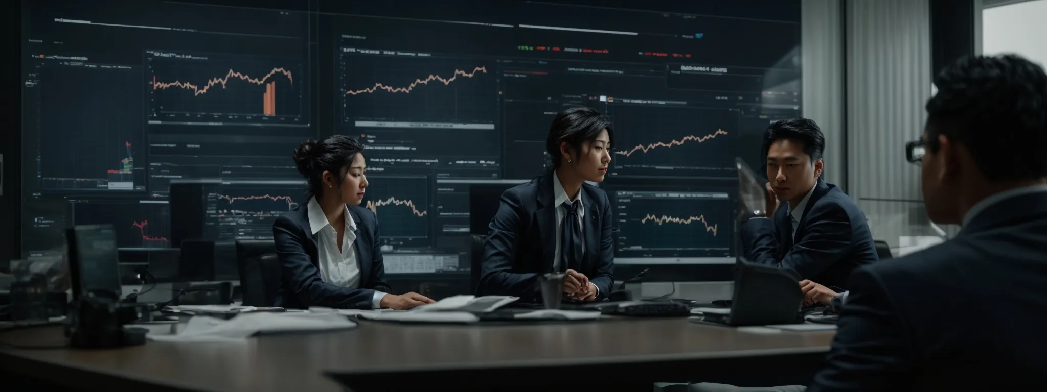 a corporate team examines analytics on a computer dashboard highlighting social media performance metrics.