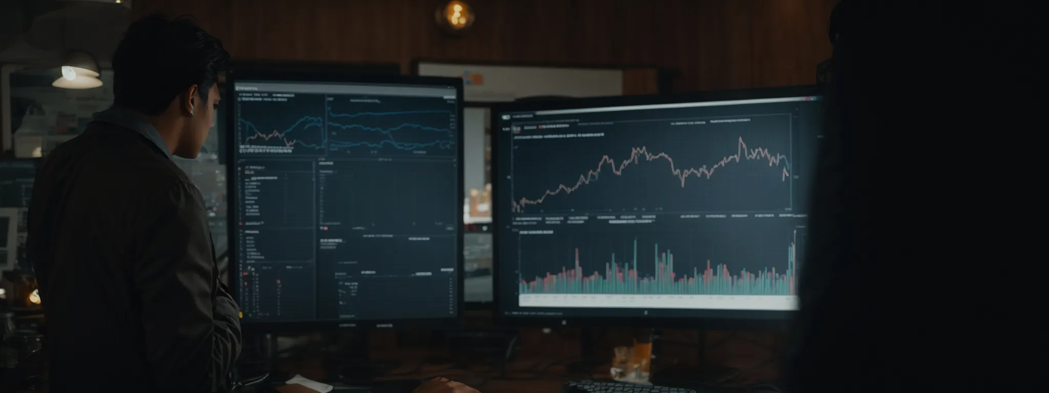 a marketer is observing a computer screen displaying graphs and analytics of website traffic.
