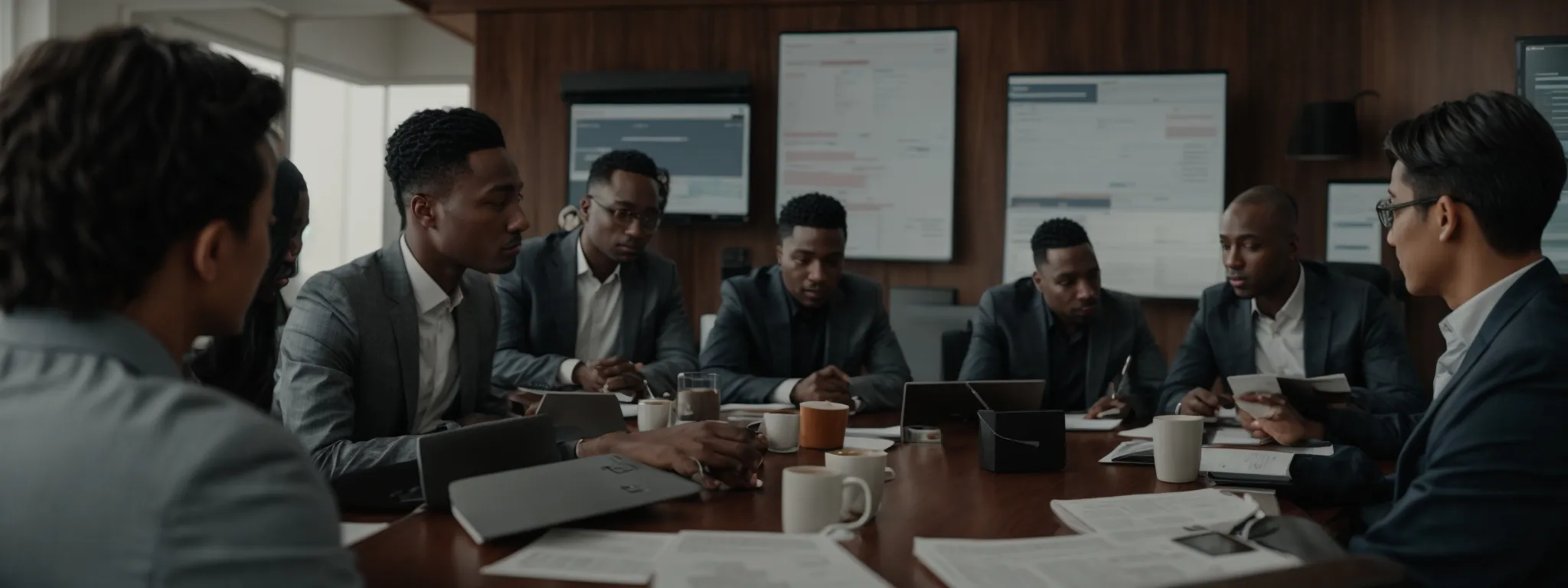 a strategy meeting with a diverse team analyzing data and trends on a digital interface.