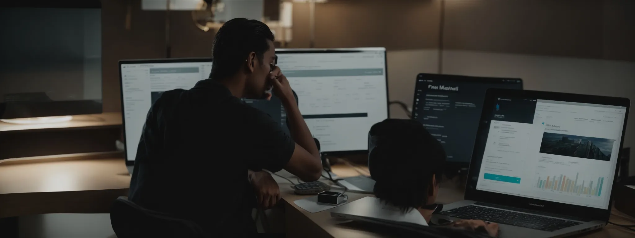 a person sitting at a desk with a laptop open to a website analysis tool displaying various seo metrics.