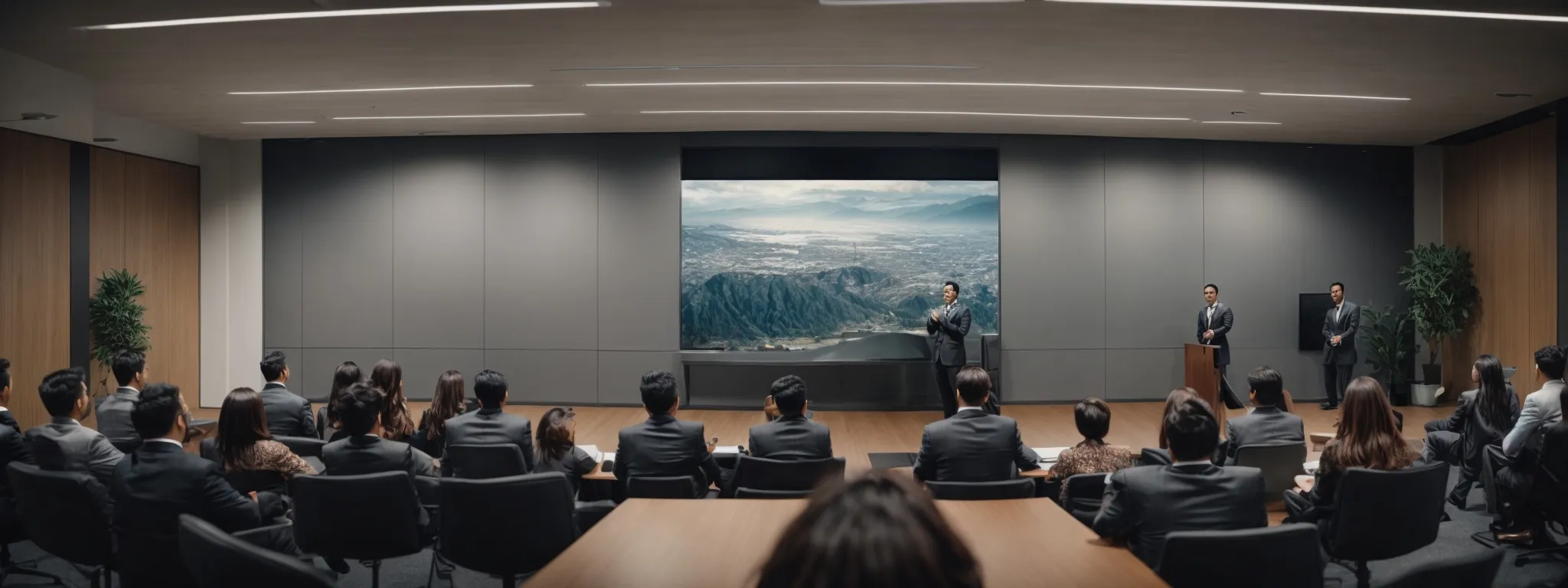 a marketing expert presents a captivating slide to an attentive audience in a modern conference room.