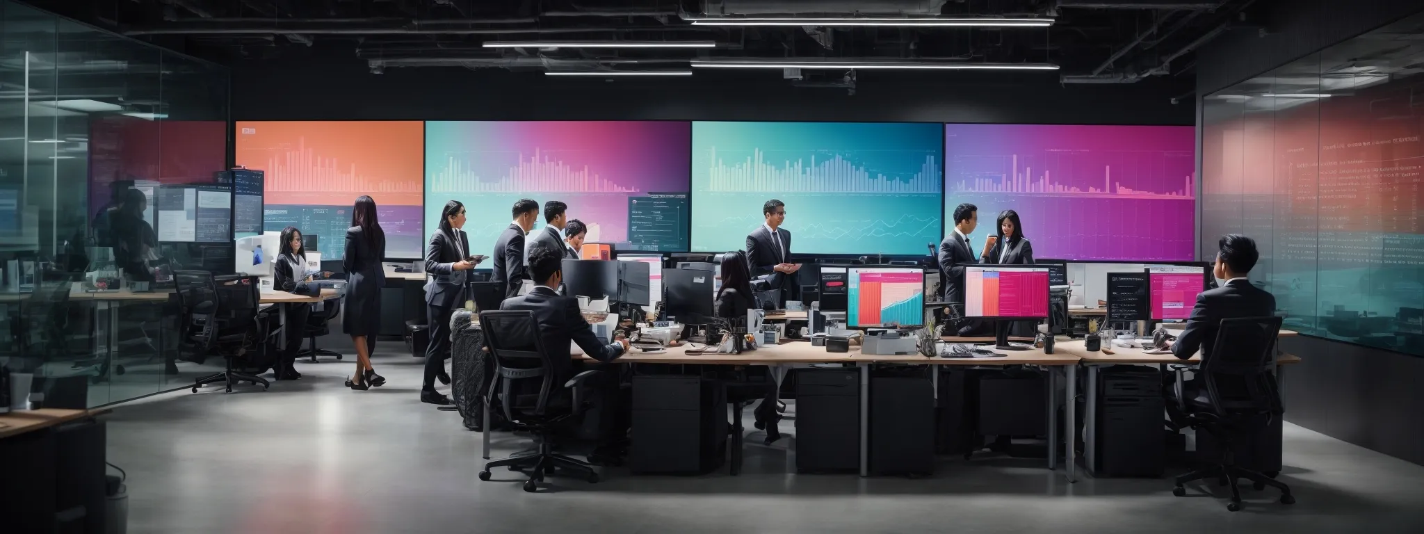 a bustling modern office with a team strategizing around a large digital screen displaying colorful graphs and social media metrics.