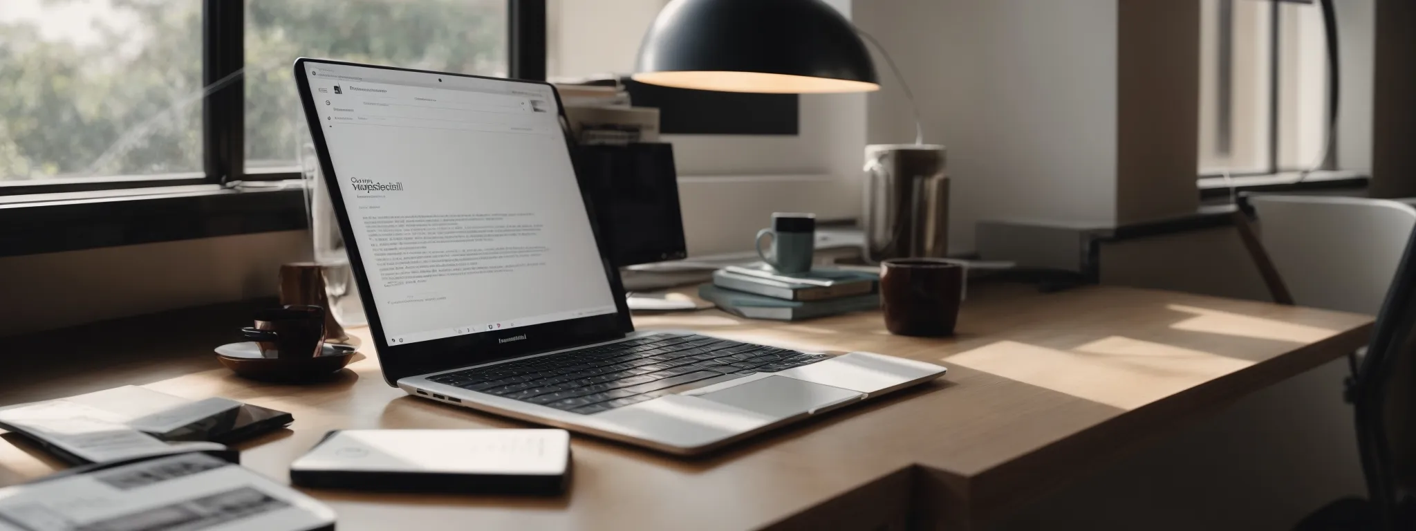 an open laptop displaying a search results page on its screen amidst a tranquil workspace setting.