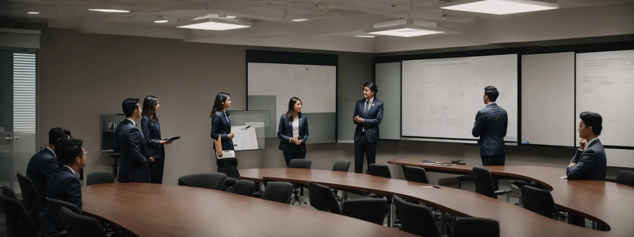 a conference room with marketing professionals strategizing around a large whiteboard.