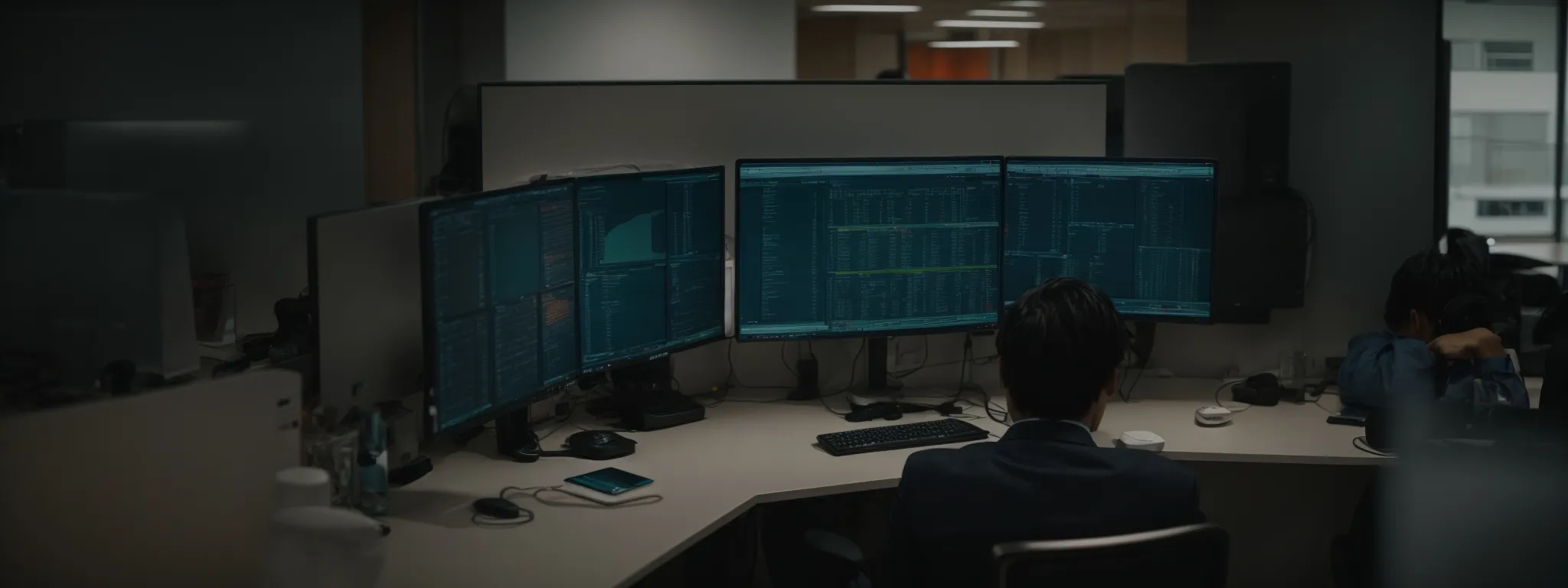 a person sitting at a computer in a modern office, intently analyzing data on the screen.