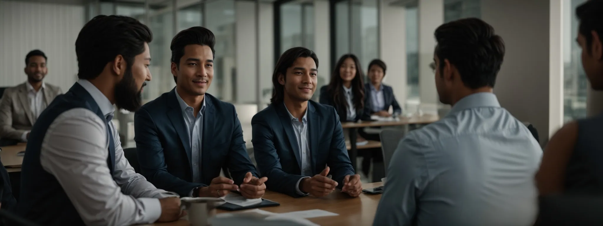 a candidate confidently presents a digital marketing campaign to a panel of interviewers in a modern office setting.