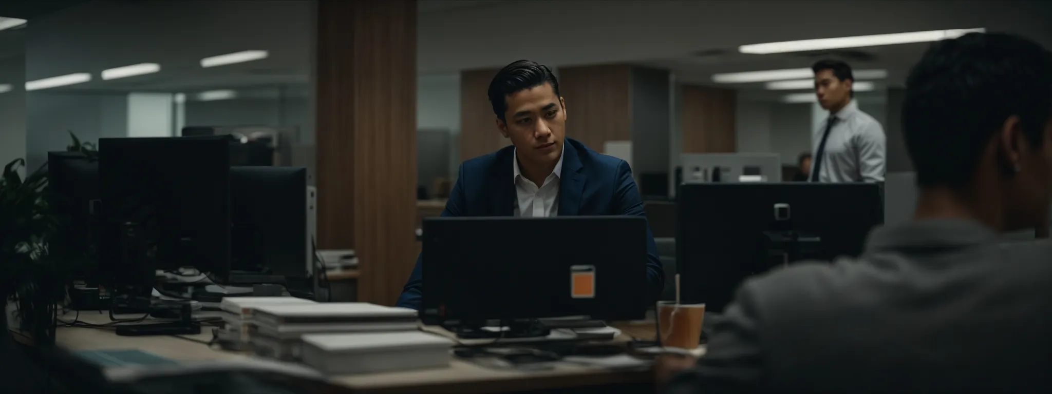 a customer service representative attentively listens to a client's concerns on a computer screen in a calm, modern office setting.