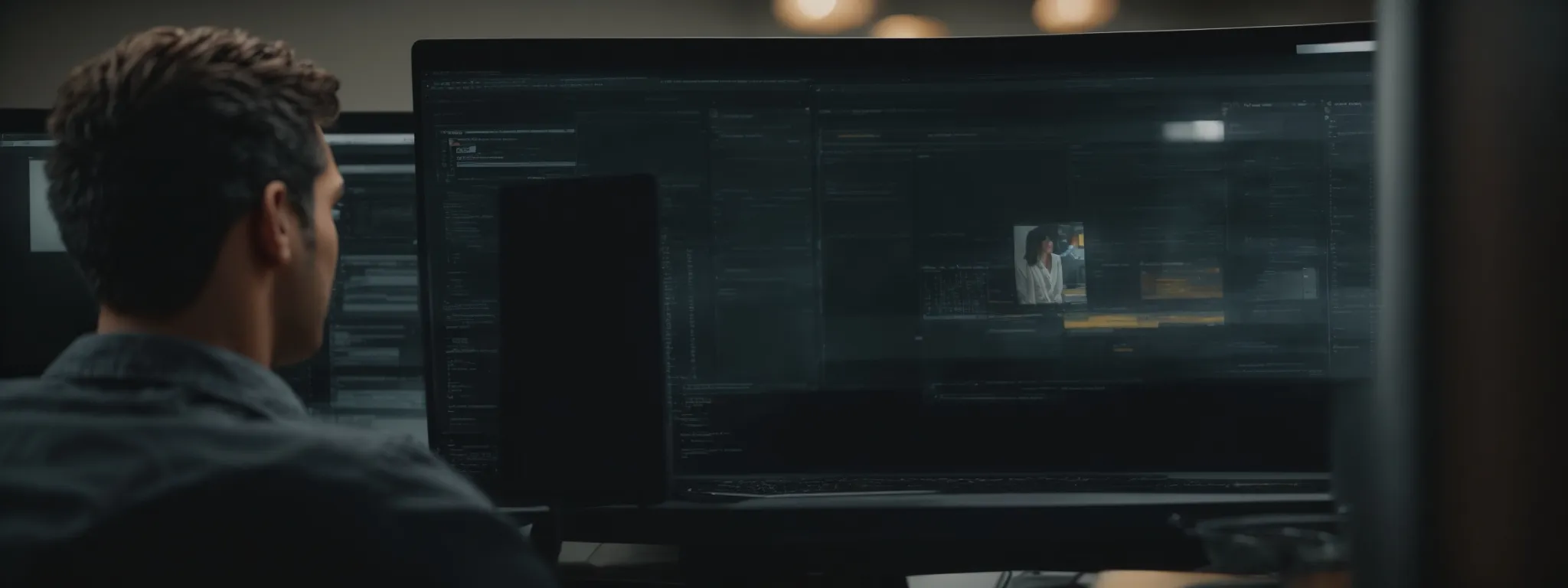 a web designer attentively fine-tunes a website layout on a large computer screen, showing a fluid and adaptable interface.