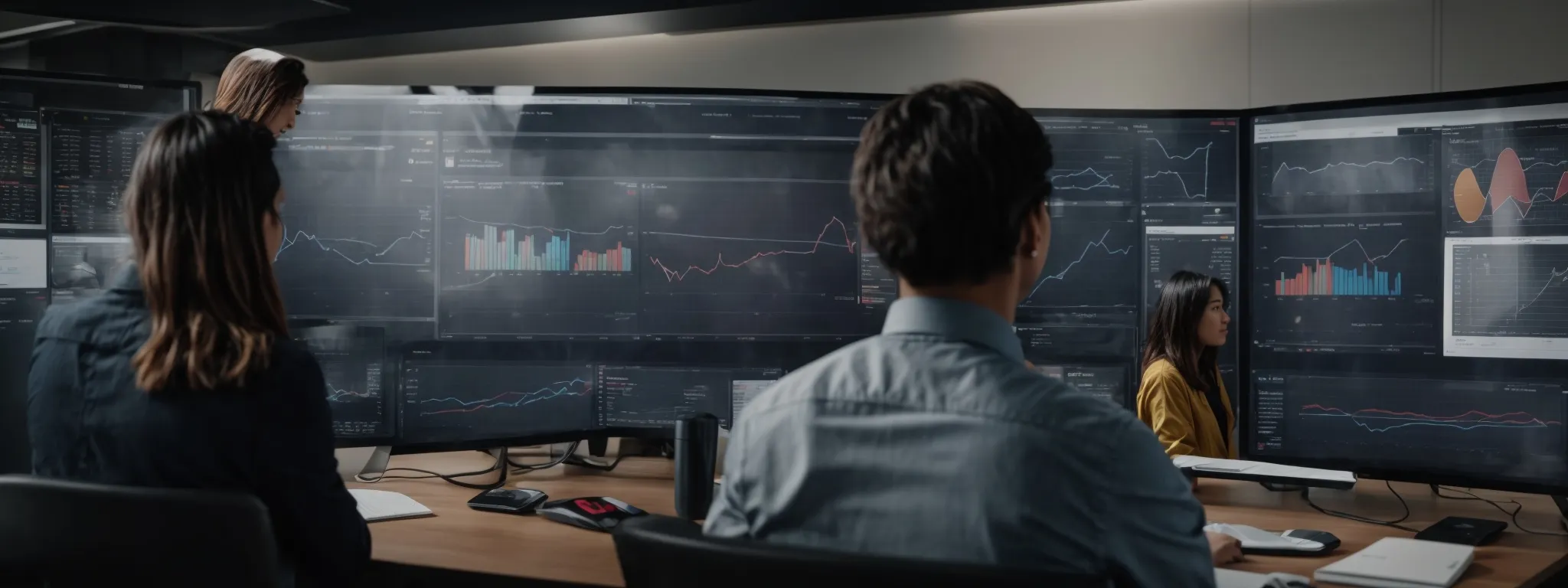a group of marketing professionals analyzes complex graphs and charts on a large screen displaying customer demographics and behavioral data.