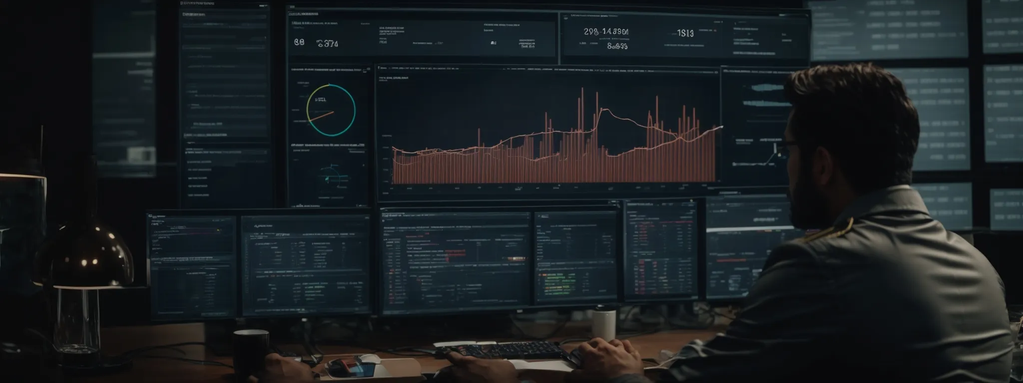 a detective examining a large data analytics dashboard highlighting various seo metrics and search patterns.