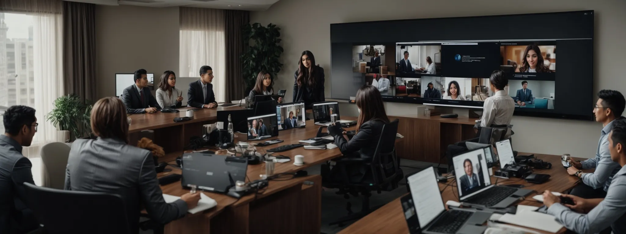 a team remotely video conferencing with a global marketing agency.