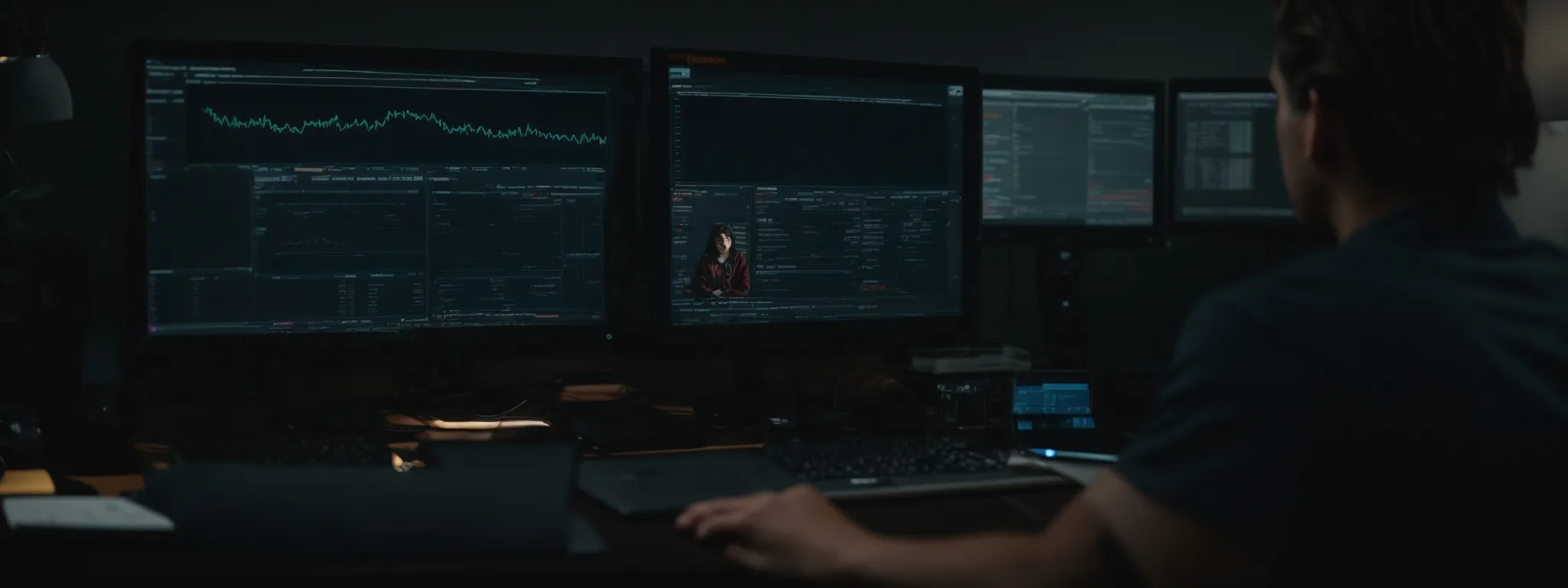 a person sitting at a computer with a complex dashboard on the screen, illustrating various marketing metrics and automation processes.