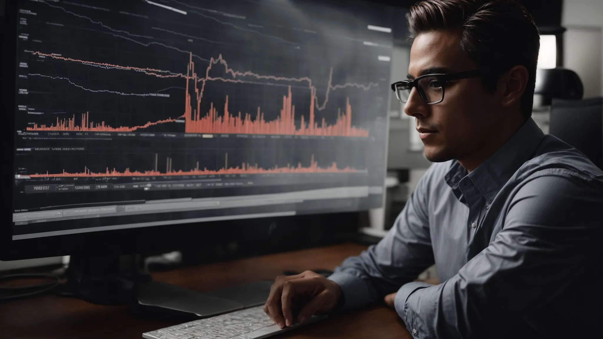 a marketer analyzing website traffic data on a computer while strategizing a digital campaign funnel.