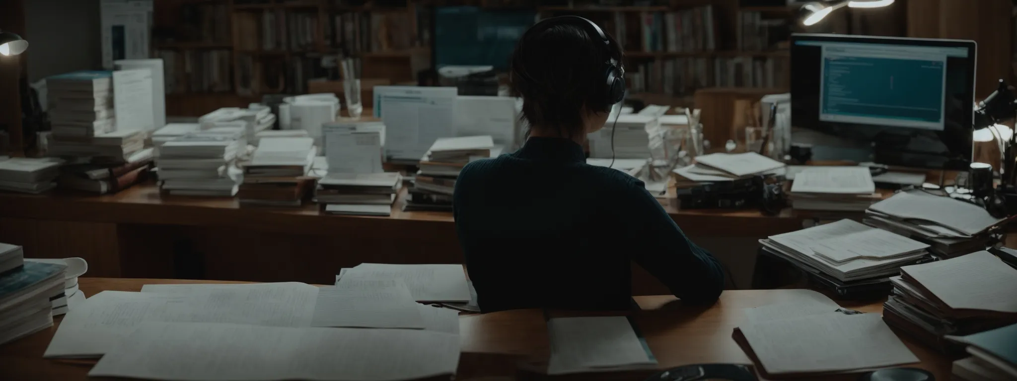 a person sits at a computer, surrounded by books and notes, intently crafting a digital content strategy.
