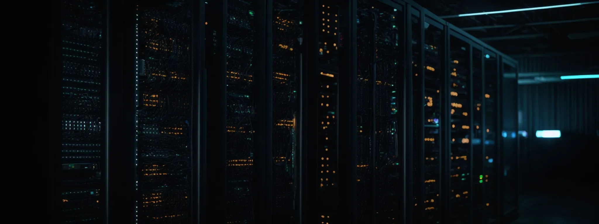 a server rack in a dark data center with glowing lights signifies the digital resources potentially exploited by image hotlinking.