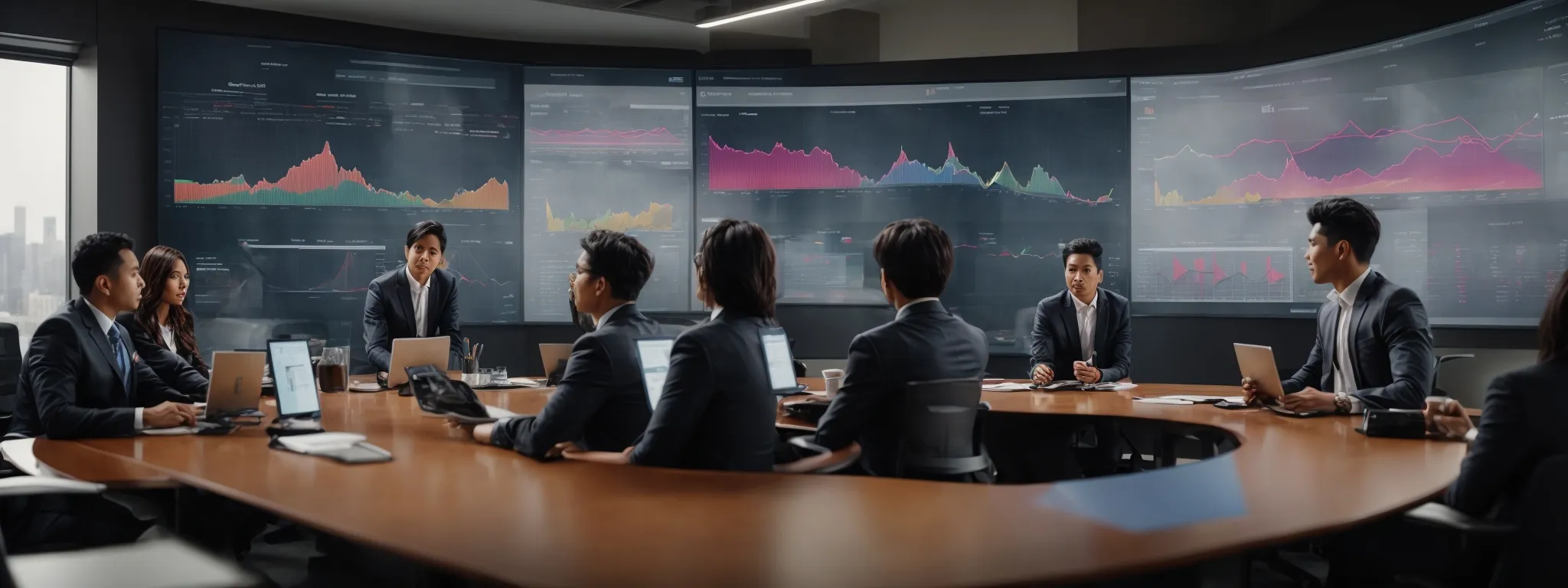 a boardroom with a large screen displaying a colorful graph of customer journey touchpoints and a diverse group of marketers analyzing the data.