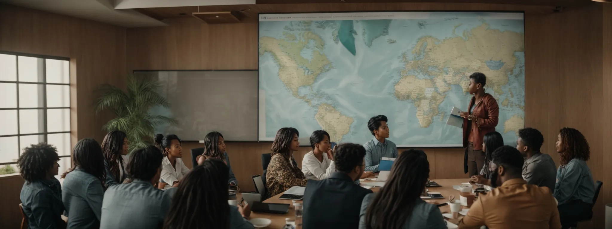 a diverse group of people from various cultural backgrounds engaged in a collaborative digital marketing meeting with a world map in the background.
