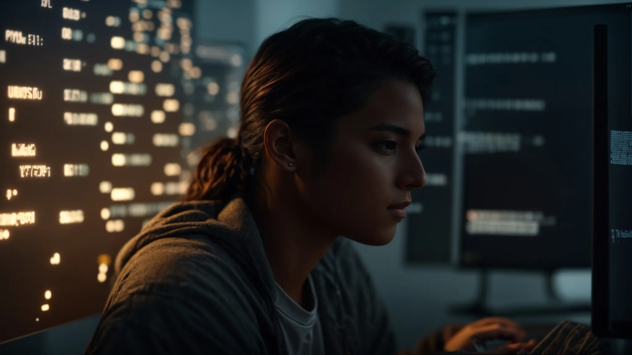 a focused individual sits in front of a computer screen, illuminated by the glow as they type in various search queries into a search engine.
