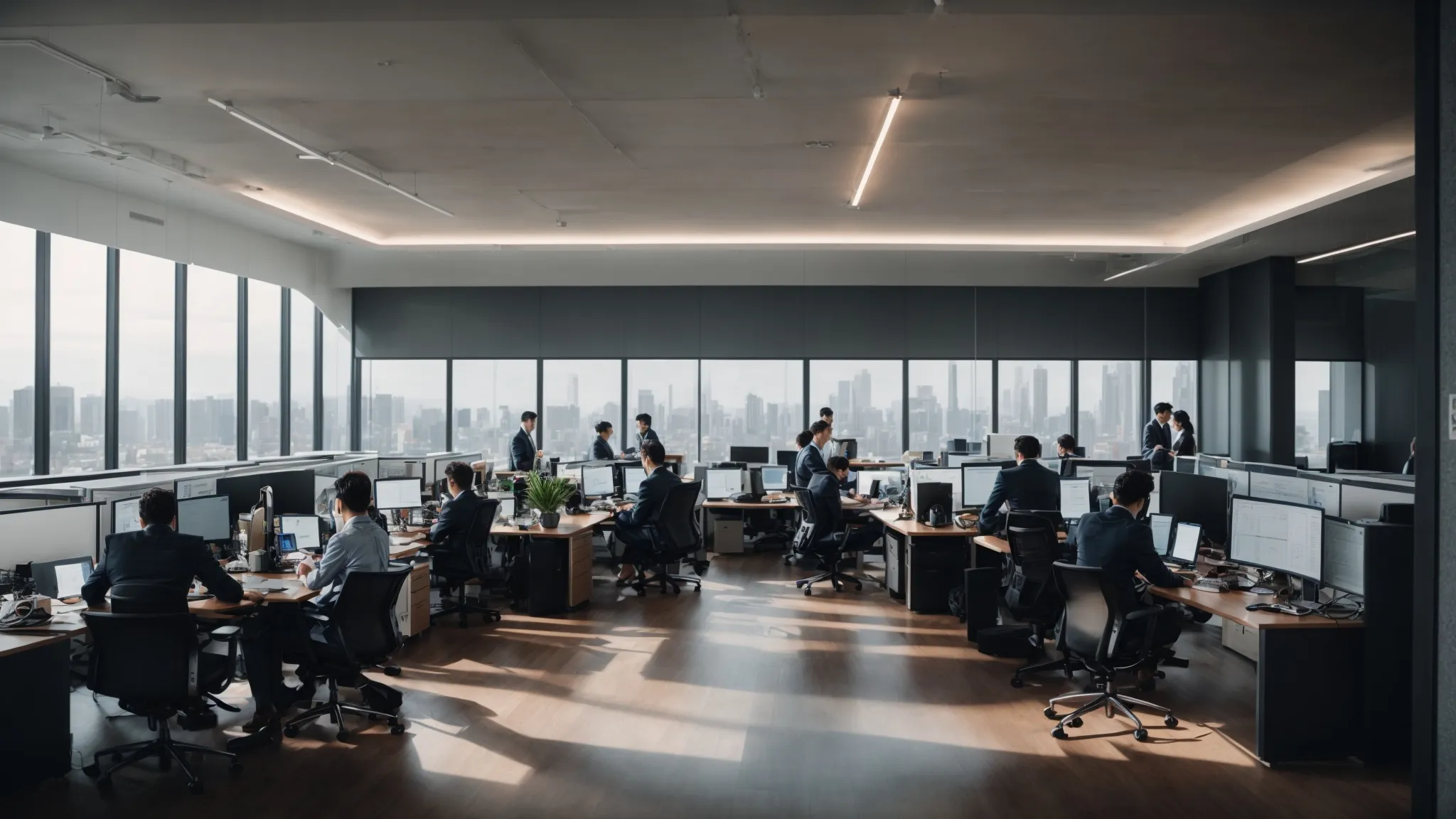 a panoramic view of a modern office with multiple people working on computers, analyzing data and strategy.