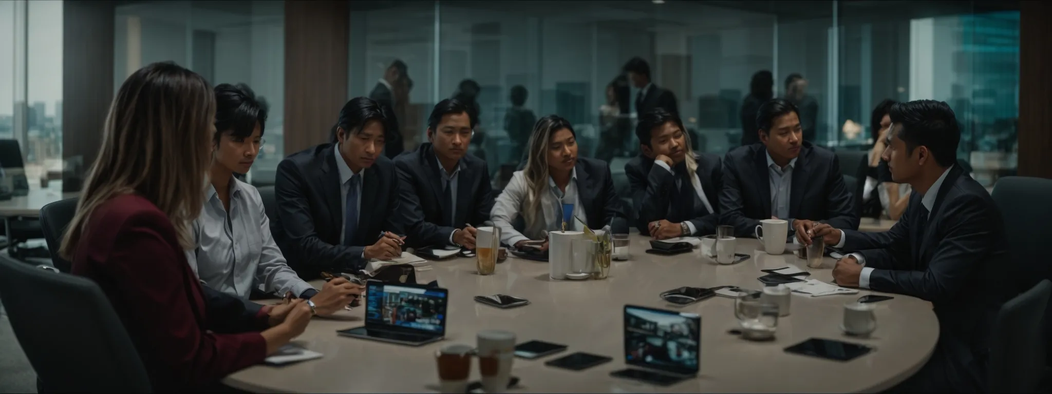 a group of business professionals engaged in a lively discussion around a conference table equipped with digital devices.