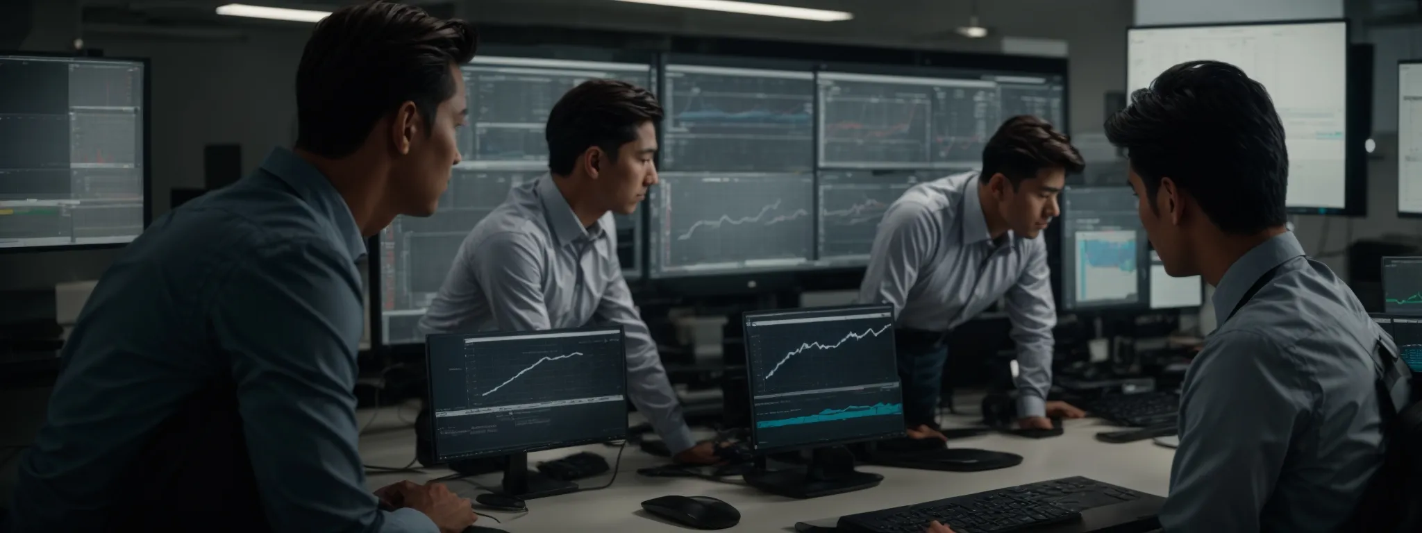 a team of professionals around a computer screen analyzing data charts to improve an faq section.