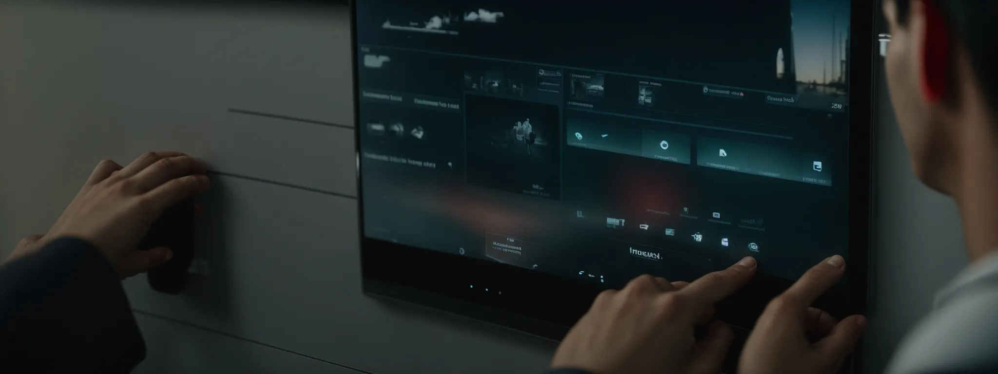 a person interacts with a touch screen display featuring a variety of multimedia options.