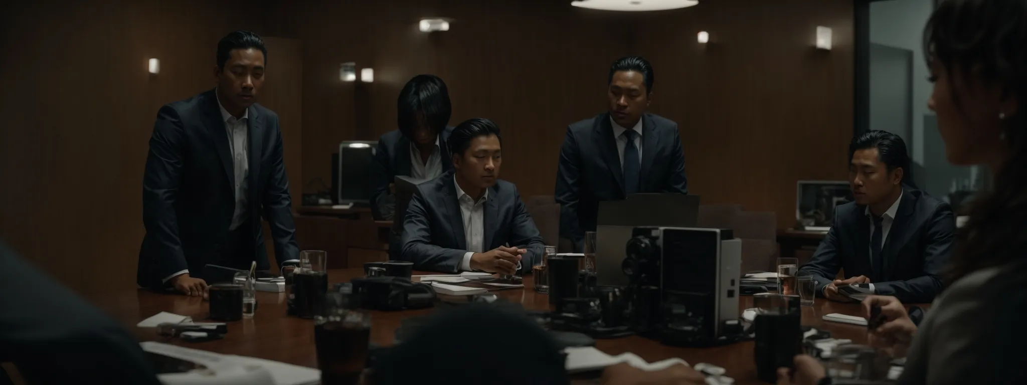 a team gathers around a conference table discussing strategies displayed on multiple synchronized digital devices.
