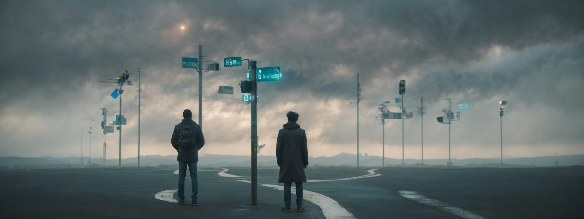 a person standing at a crossroad signpost under a cloud of digital symbols, representing the future directions of seo.
