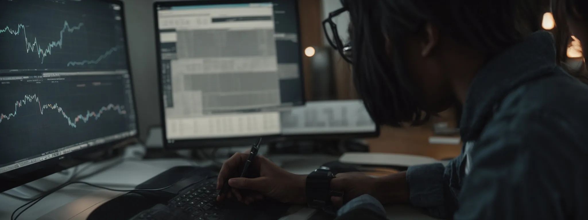 a digital marketer analyzes a graph on a computer screen reflecting website traffic growth due to seo strategies.