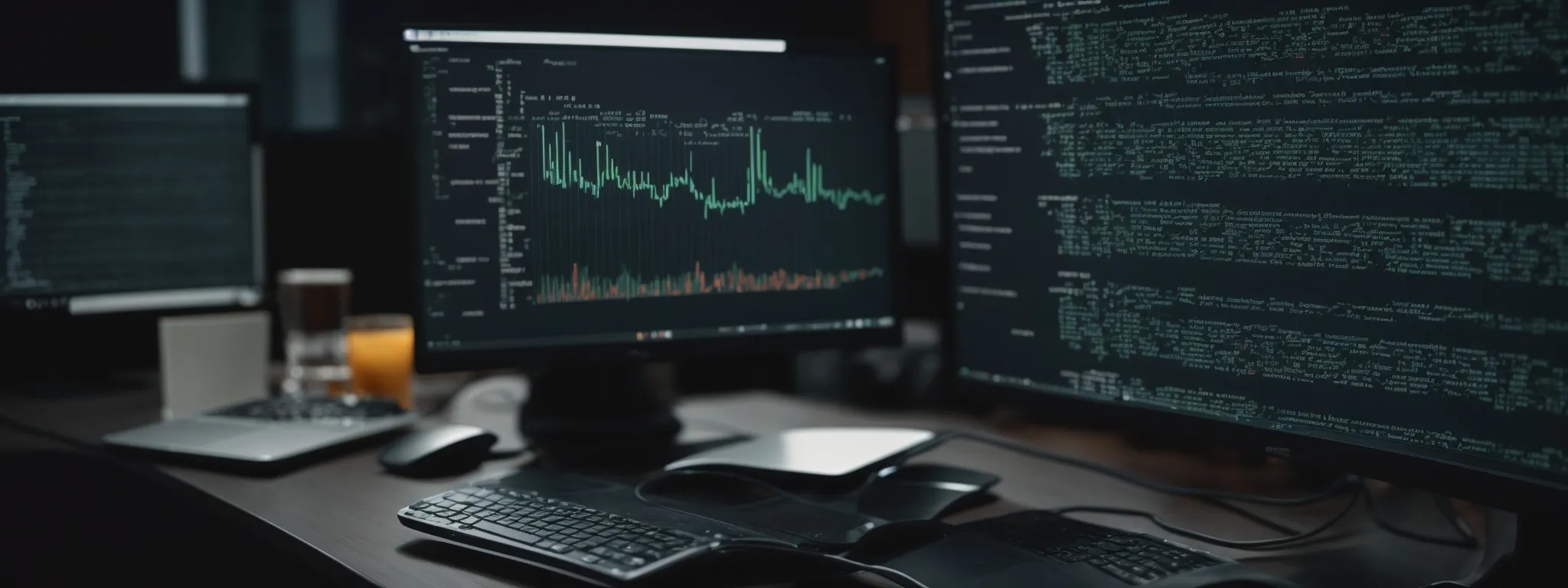 a computer screen displaying javascript code with seo analytics graphs in the background, symbolizing the collaboration between developers and seo experts.