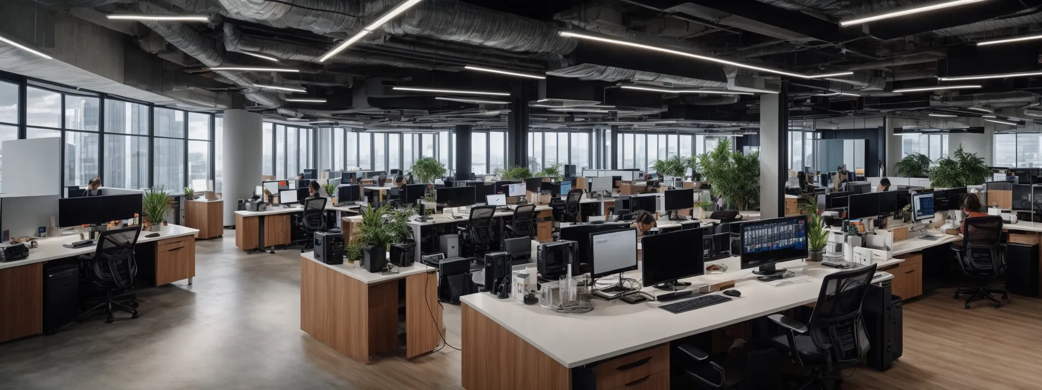 a panoramic view of a modern open-plan office where teams collaborate on digital marketing strategies, surrounded by multiple computer screens displaying diverse yet harmonized website designs.