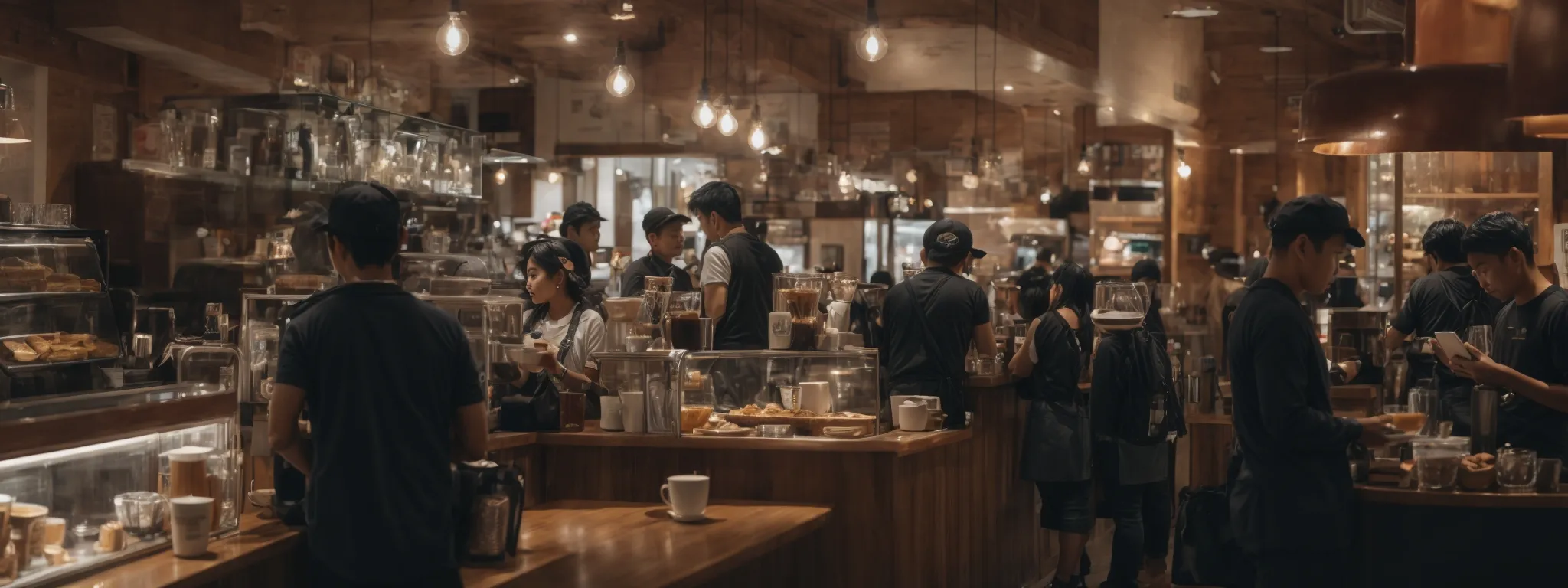 a bustling local cafe, busy with customers enjoying coffee while browsing on their smartphones and laptops.