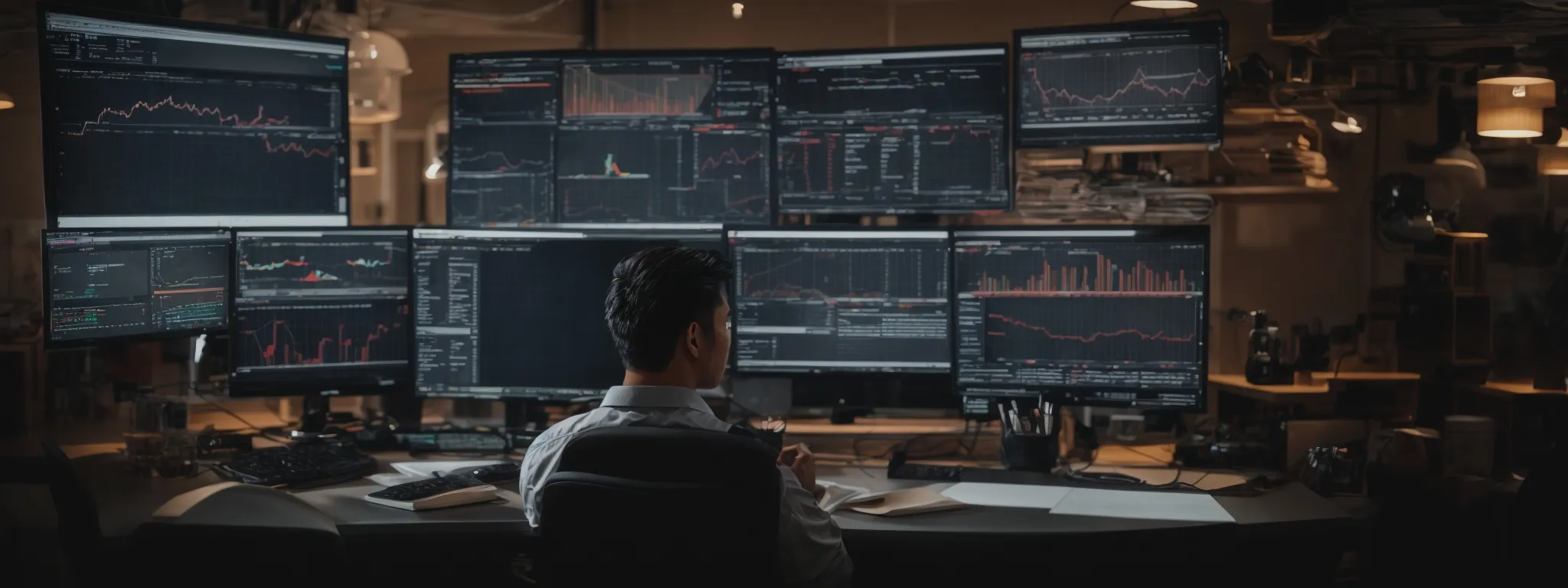 a person sits before a large computer screen displaying website analytics while surrounded by digital marketing strategy illustrations.