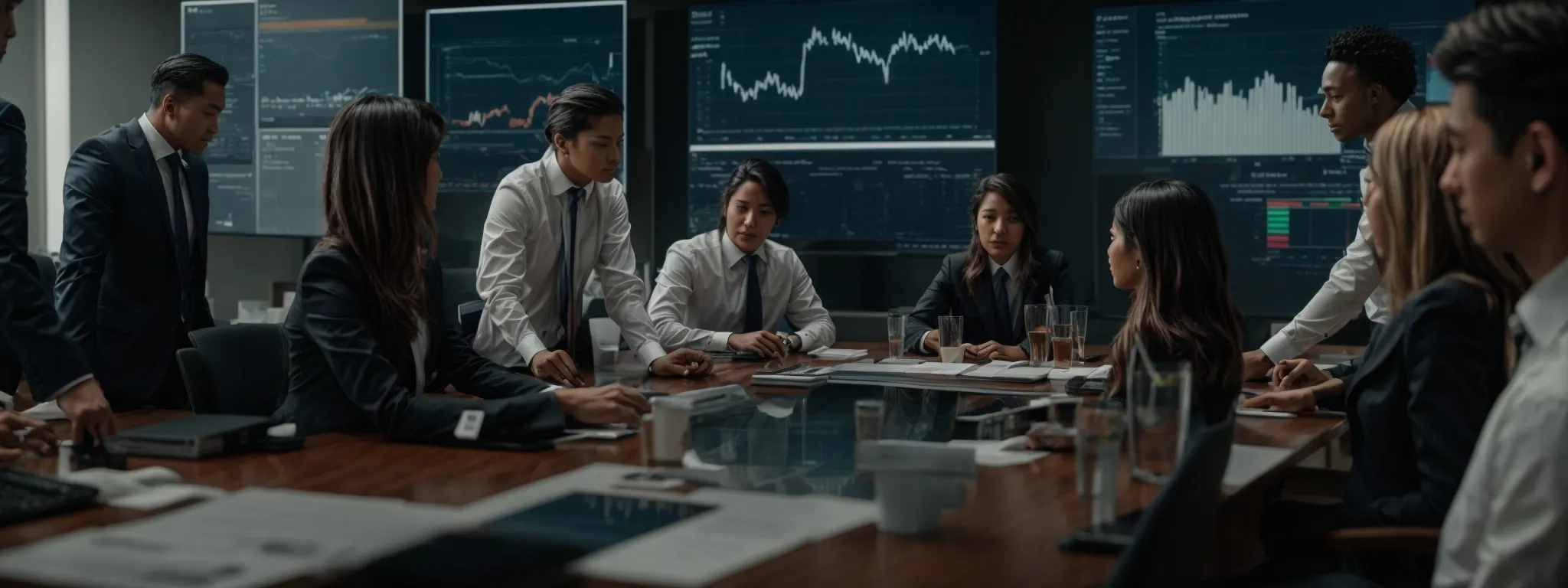 a team of marketing professionals strategizes around a conference table with a dynamic digital data display in the background.