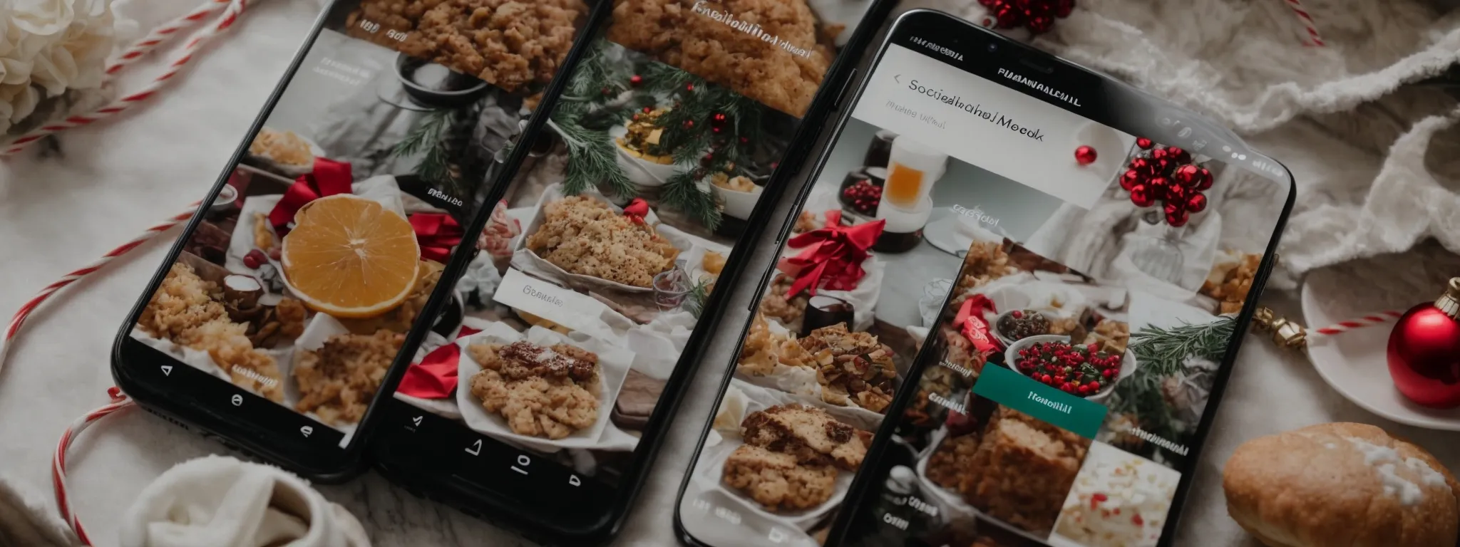 a social media feed on a smartphone screen filled with festive content and seasonal promotions.