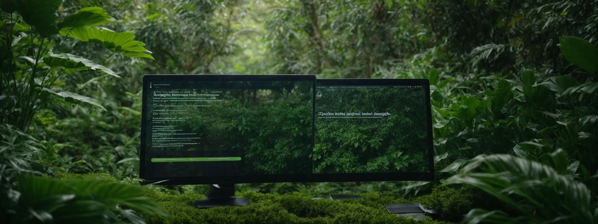 Two computer monitors placed in a lush, green jungle, displaying websites with a forest-themed background, blending seamlessly with the surrounding foliage.